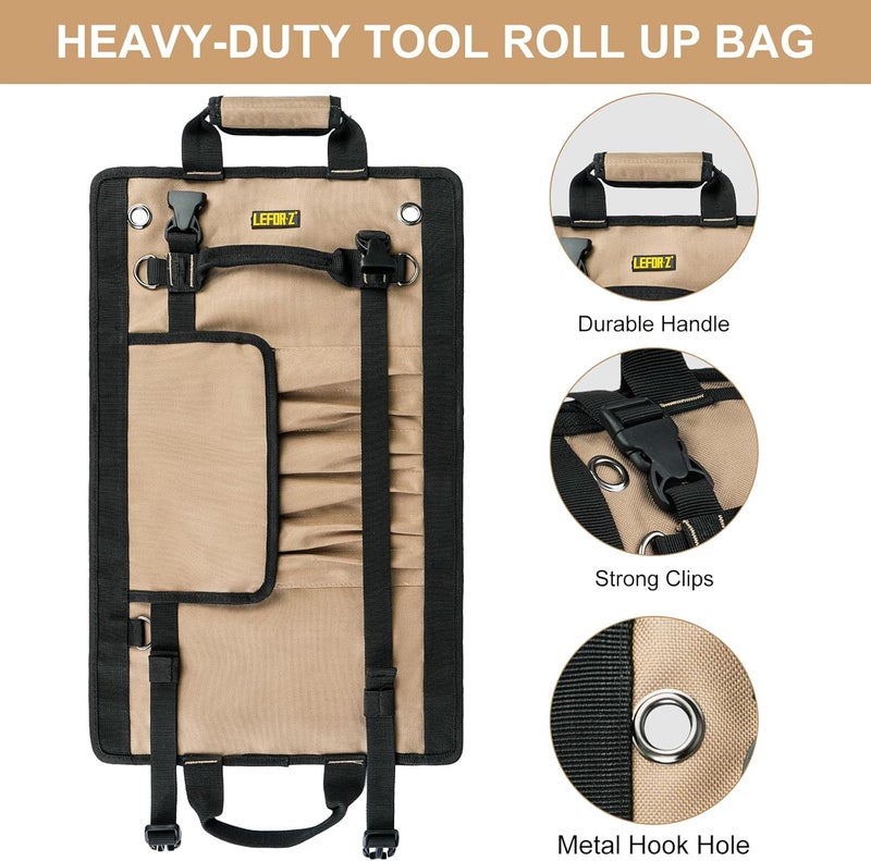 LEFORZ Tool Bag,Large Roll Up Tool Bag Organizer,13 Pockets Tool Roll Storage Pouch,Heavy Duty Portable Tool Storage Carrier Bag for Men,Mechanic,Electrician & Hobbyist,Khaki - Image 5